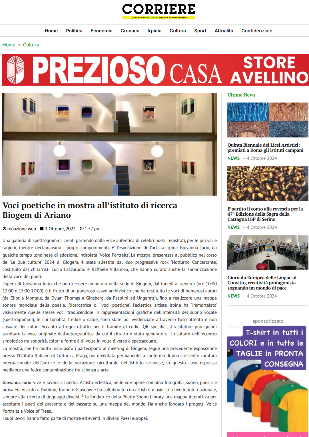 Voci poetiche in mostra all’istituto di ricerca Biogem di Ariano